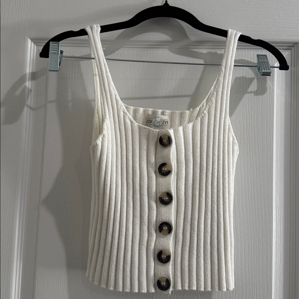 White Ribbed Button-Up Tank Top